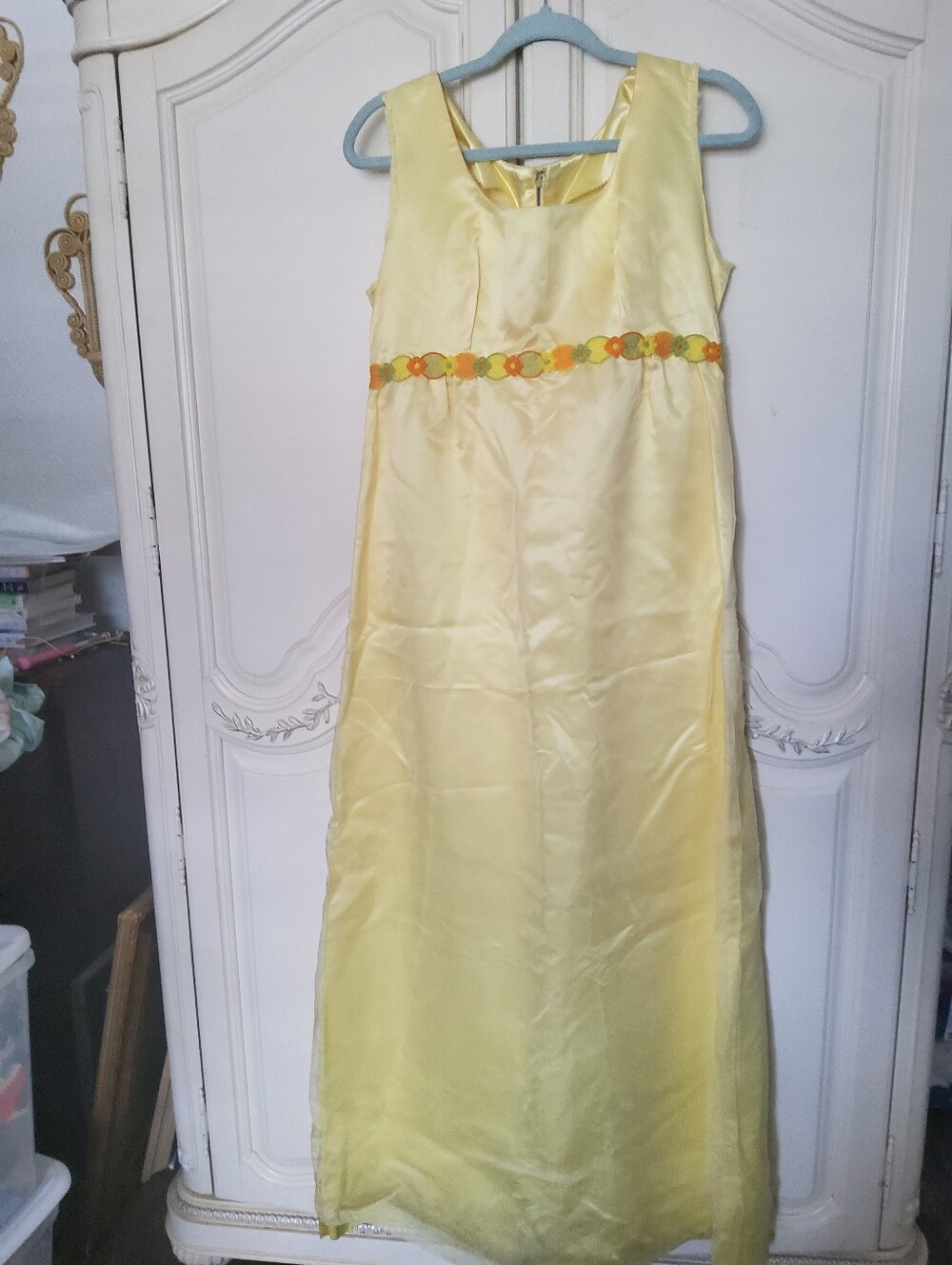 1960s Embroidered Pastel Yellow Sheer Overlay Dress